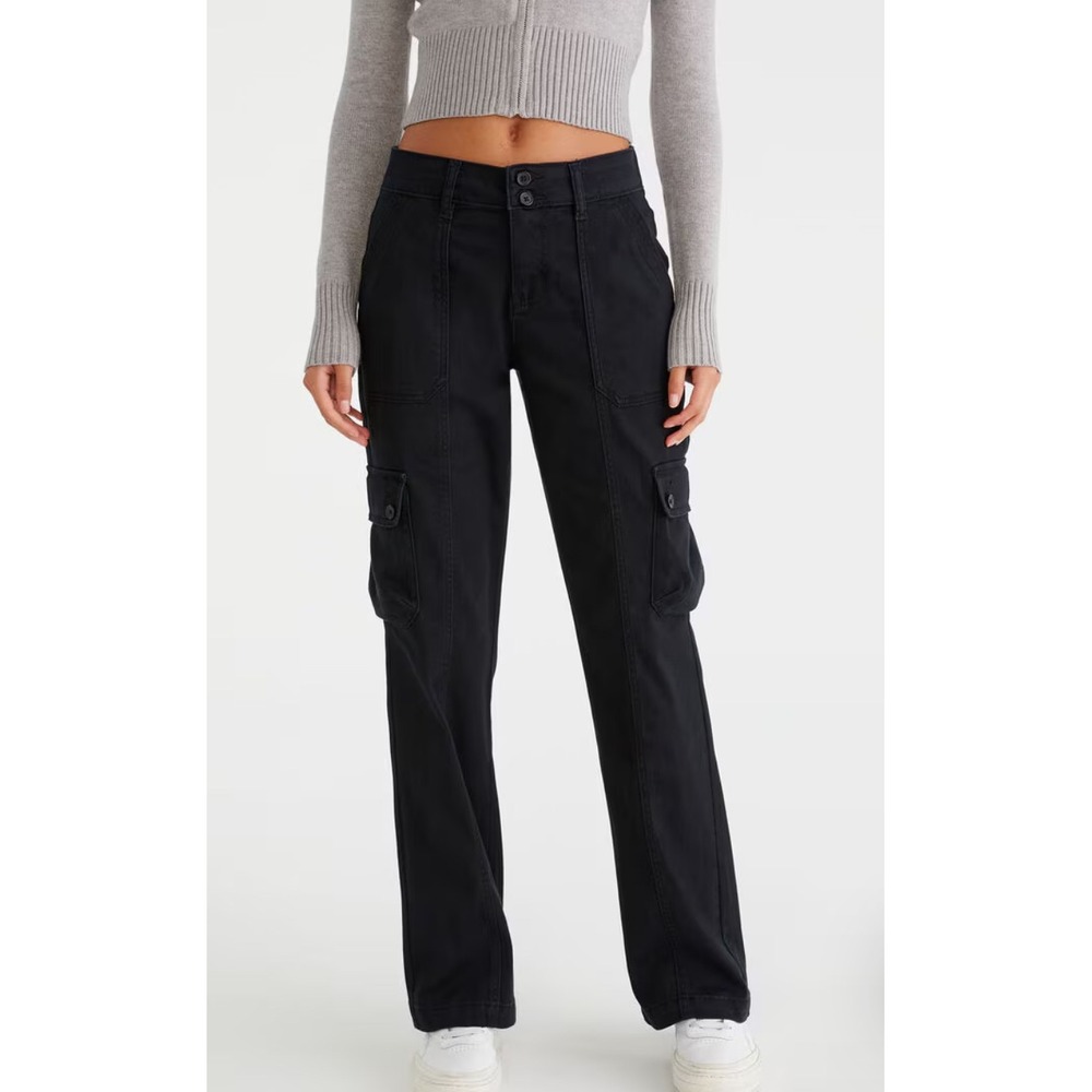 Aeropostale Wide Leg Elastic Back Waist Black Utility Cargo Pants WM's Large EUC